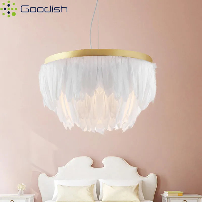 Lustre plumes et anneau doré Ø 40 ou 50 cm, blanc, gris ou rose