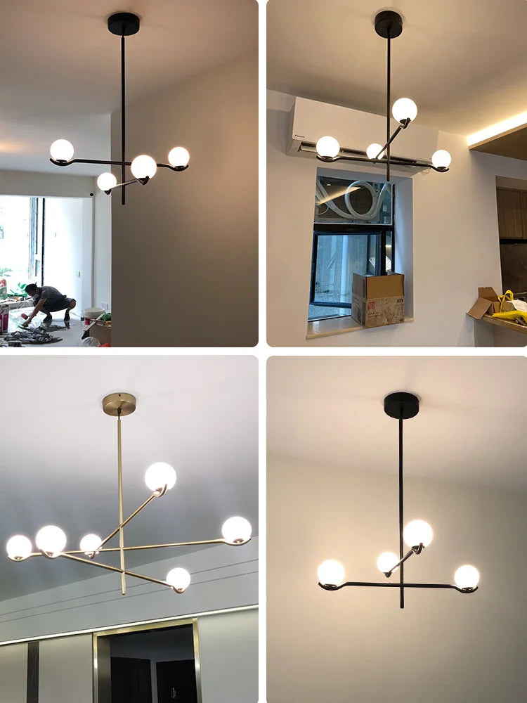 Lustre à globes opalins sur bras décalés, noir ou doré, 3 à 6 globes