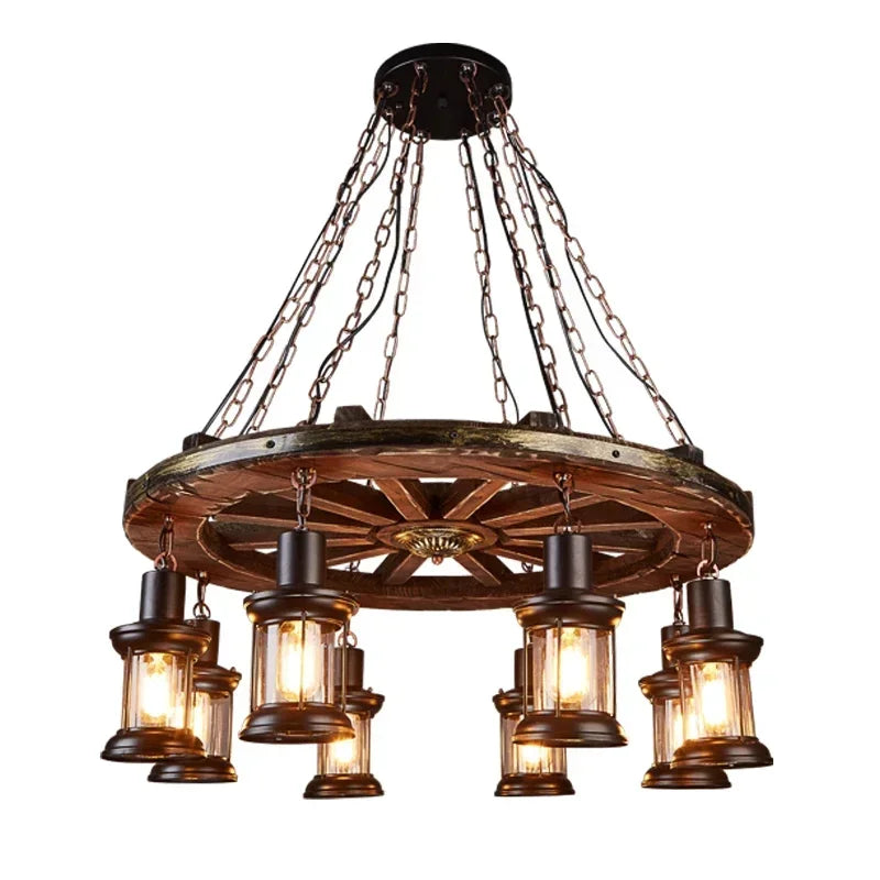Lustre roue de charrette en bois à lanternes, 1 à 8 lumières E27