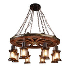 Lustre roue de charrette en bois à lanternes, 1 à 8 lumières E27