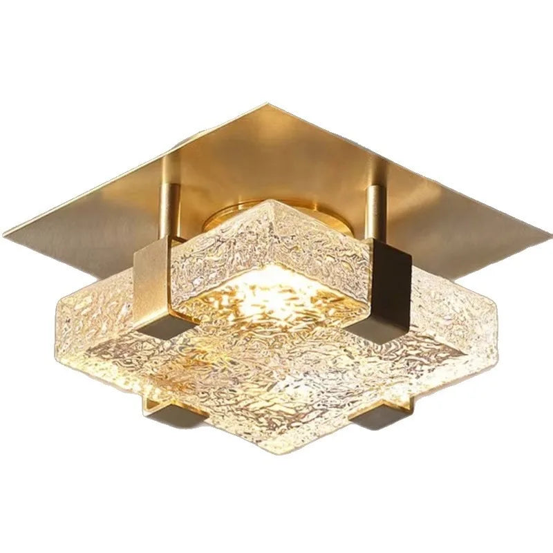Plafonnier LED carré en verre texturé et plaque dorée, 15 à 25 cm
