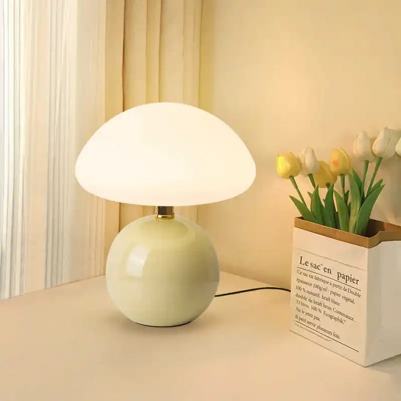 Lampe champignon en céramique brillante, chapeau opalin, 22 cm