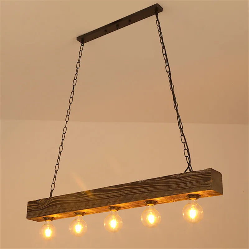 Lustre poutre en bois de 100 cm à 5 ampoules E27 apparentes