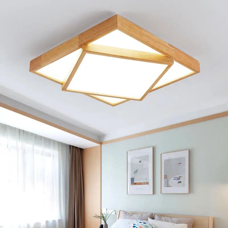 Plafonnier LED carré en bois à cadres superposés, avec télécommande