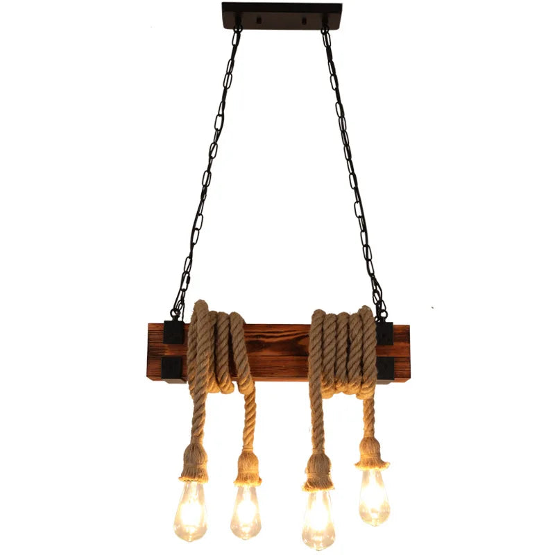 Lustre en bois et cordes de chanvre à 4 ampoules E27 suspendues