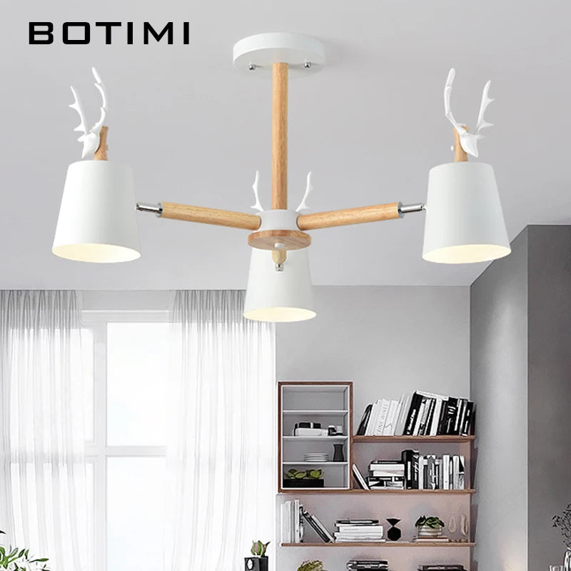 Lustre nordique en bois et ramures de cerf, abat-jour métal, E27