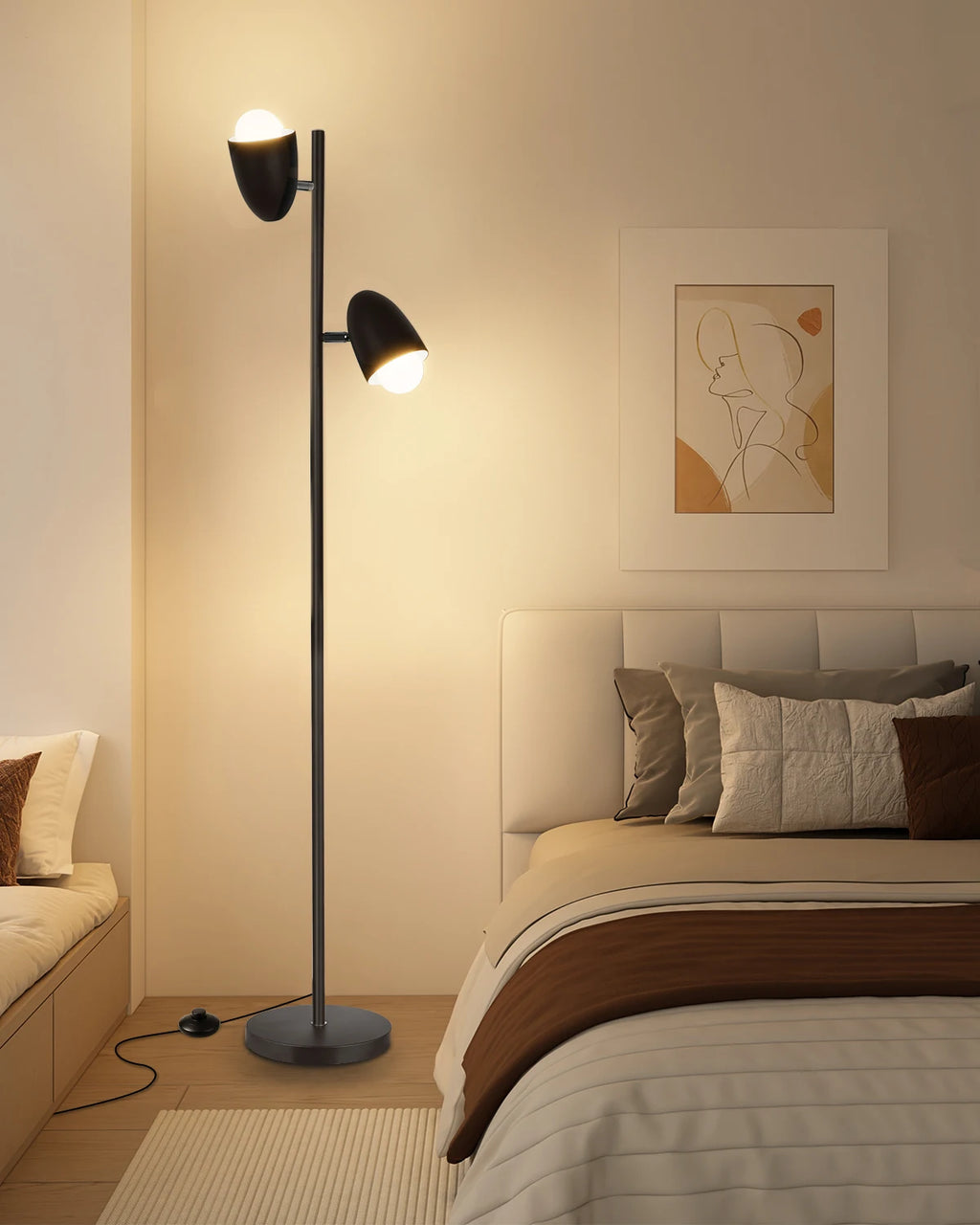 Lampadaire noir à deux têtes orientables, 163 cm, ampoules fournies