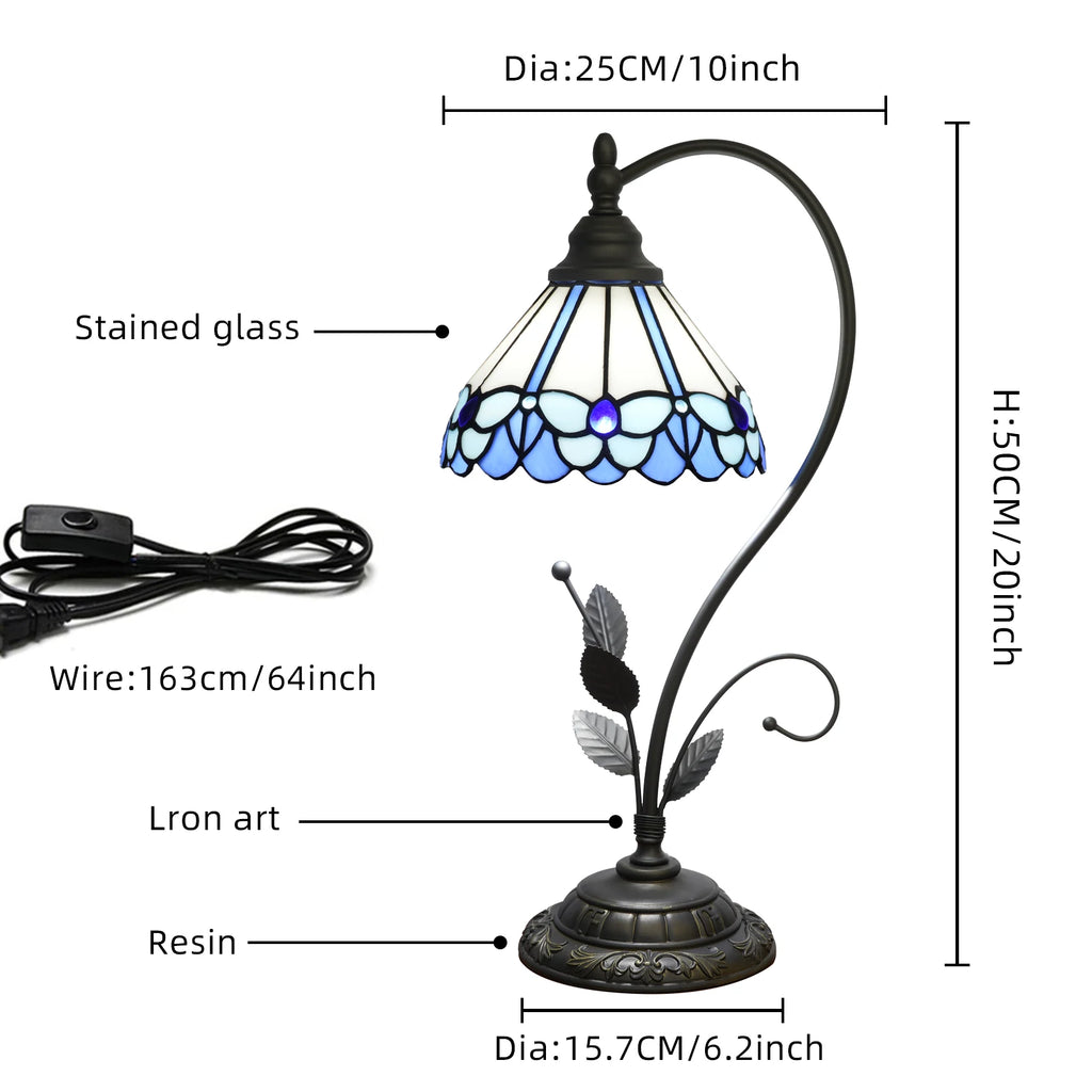 Lampe Tiffany col de cygne en vitrail et métal ouvragé, 50 cm
