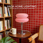 Lampe de table macaron en double verre sur pied chromé, 30 cm