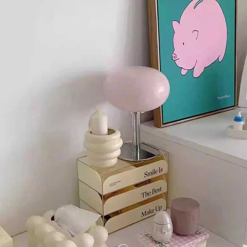 Lampe de chevet champignon en verre opalin rose ou jaune, pied chromé