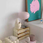 Lampe de chevet champignon en verre opalin rose ou jaune, pied chromé