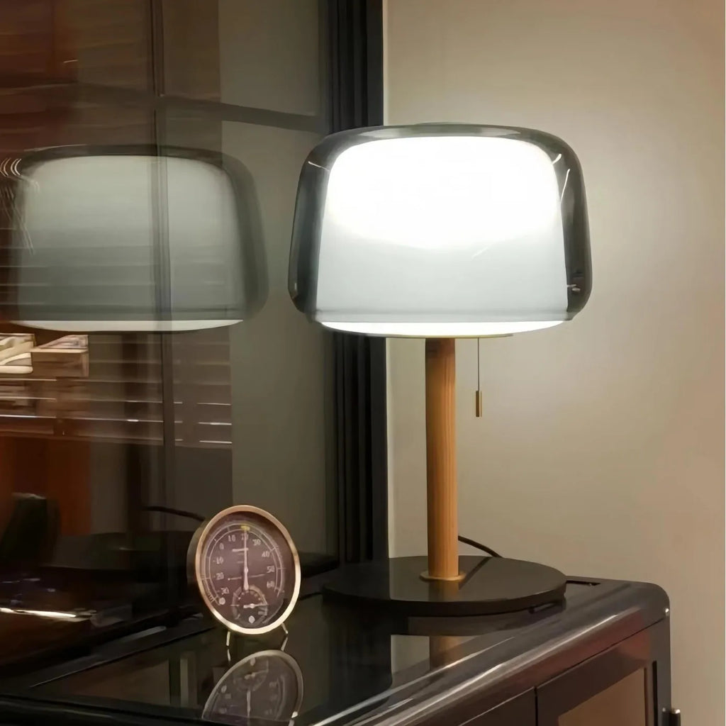 Lampe à poser double verre fumé et opalin sur tige bois, 50 cm