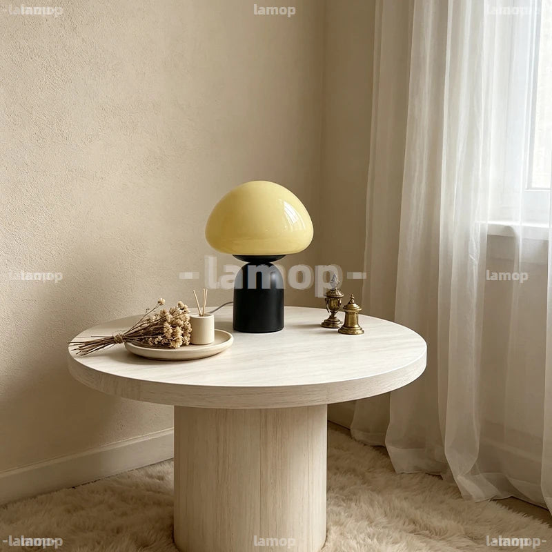 Lampe champignon en verre coloré sur pied cloche noir, câble USB