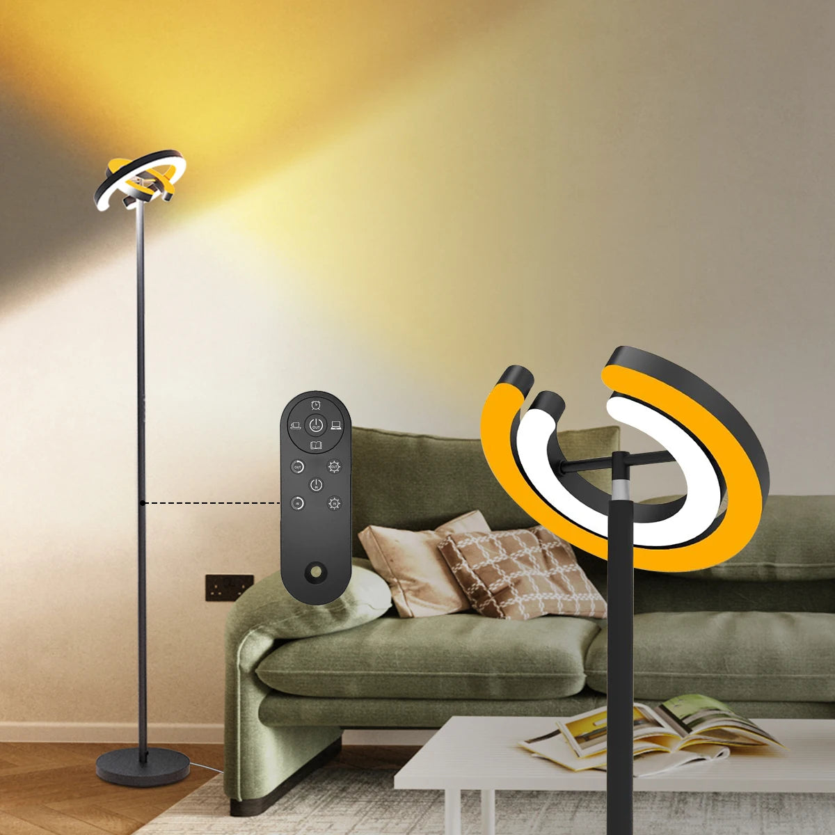 Lampadaire LED à deux anneaux orientables et télécommande, 192 cm