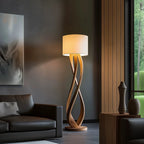 Lampadaire en bois massif sculpté, abat-jour tambour en tissu, 160 cm