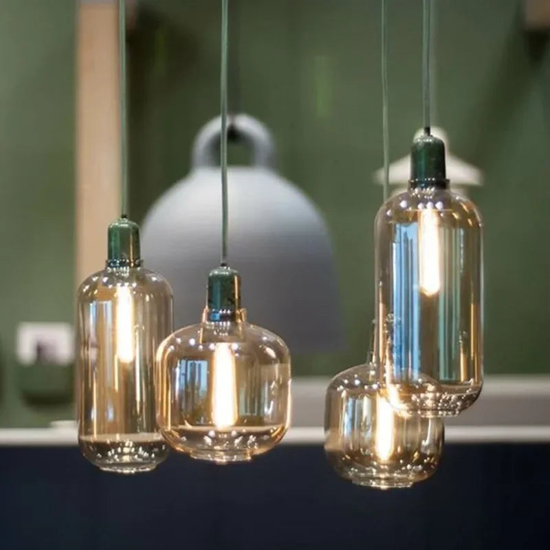 Suspension bocal en verre fumé, ambré ou clair, douille en marbre