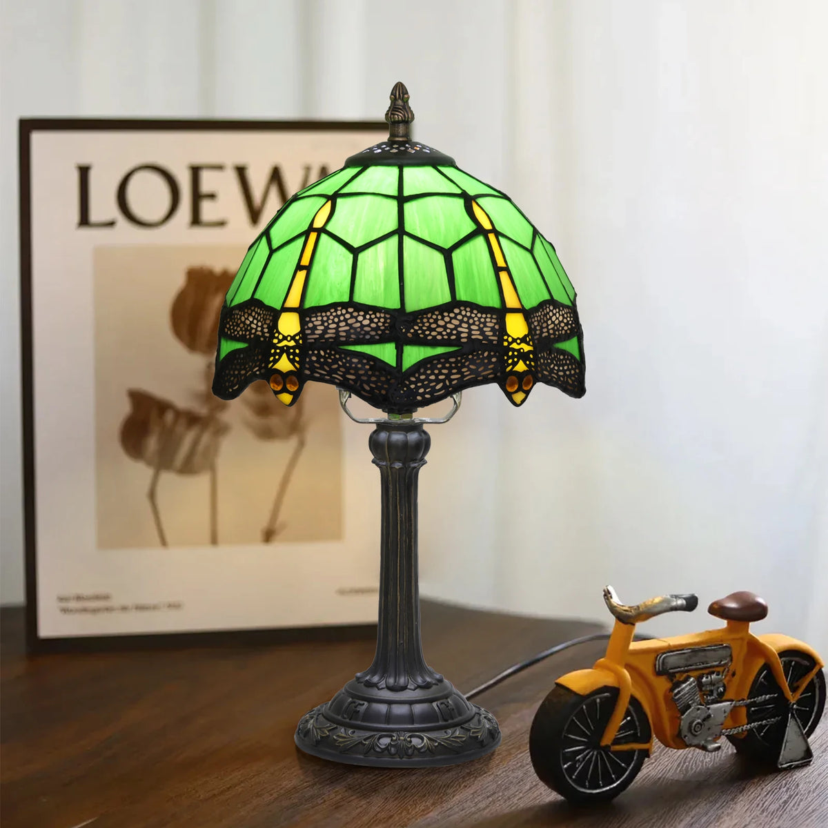 Lampe de chevet Tiffany en vitrail, libellule, paon ou morse, 20 cm