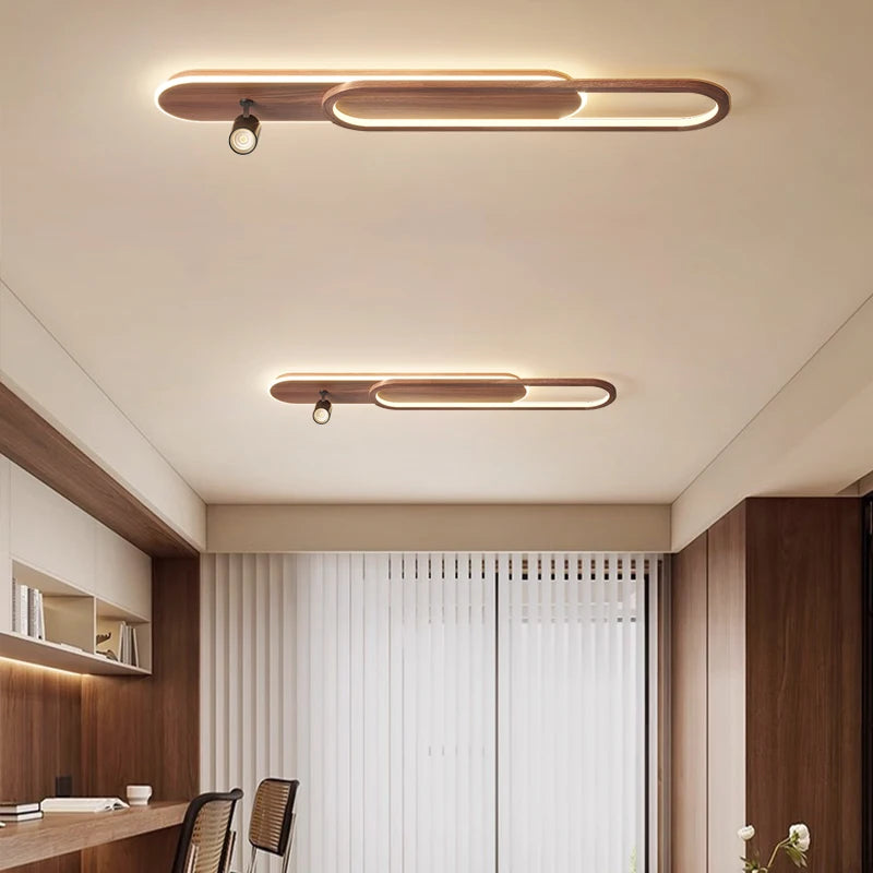 Plafonnier LED long finition noyer avec spots orientables, 60 à 120 cm