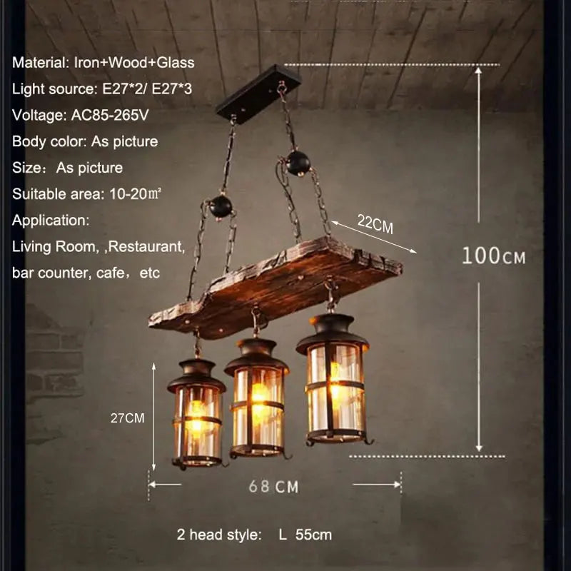 Lustre planche en bois vieilli à 2 ou 3 lanternes en fer et verre