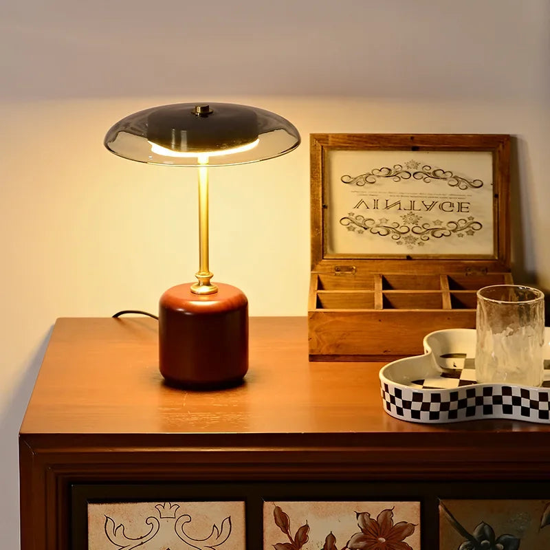 Lampe champignon en bois et verre ambré, LED trois teintes