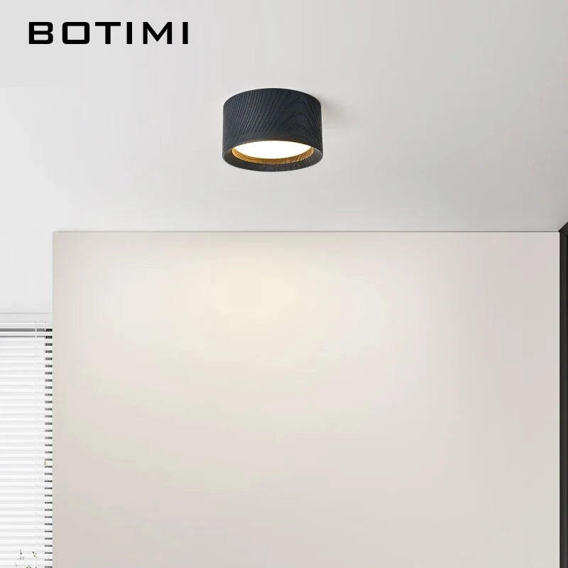 Petit plafonnier LED rond en bois, noir ou naturel, Ø 9,5 cm