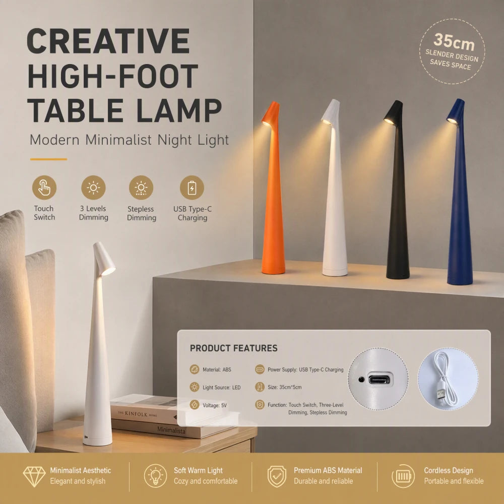Lampe de table sans fil en cône élancé de 34,5 cm, lumière chaude
