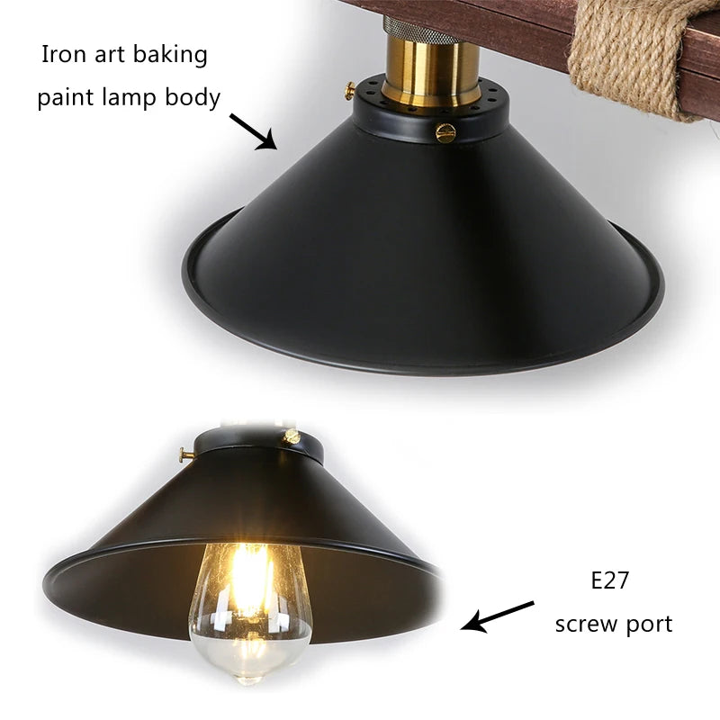 Lustre barre en bois et chanvre à 2 ou 3 cônes en métal noir