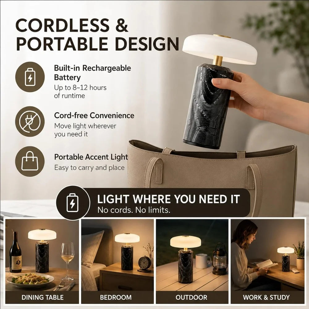 Lampe de chevet sans fil en marbre, abat-jour en verre opalin