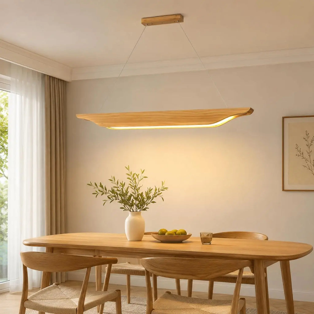 Suspension linéaire en bois LED 90 cm, lumière et intensité réglables