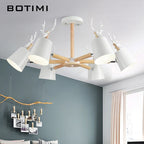 Lustre nordique en bois et ramures de cerf, abat-jour métal, E27