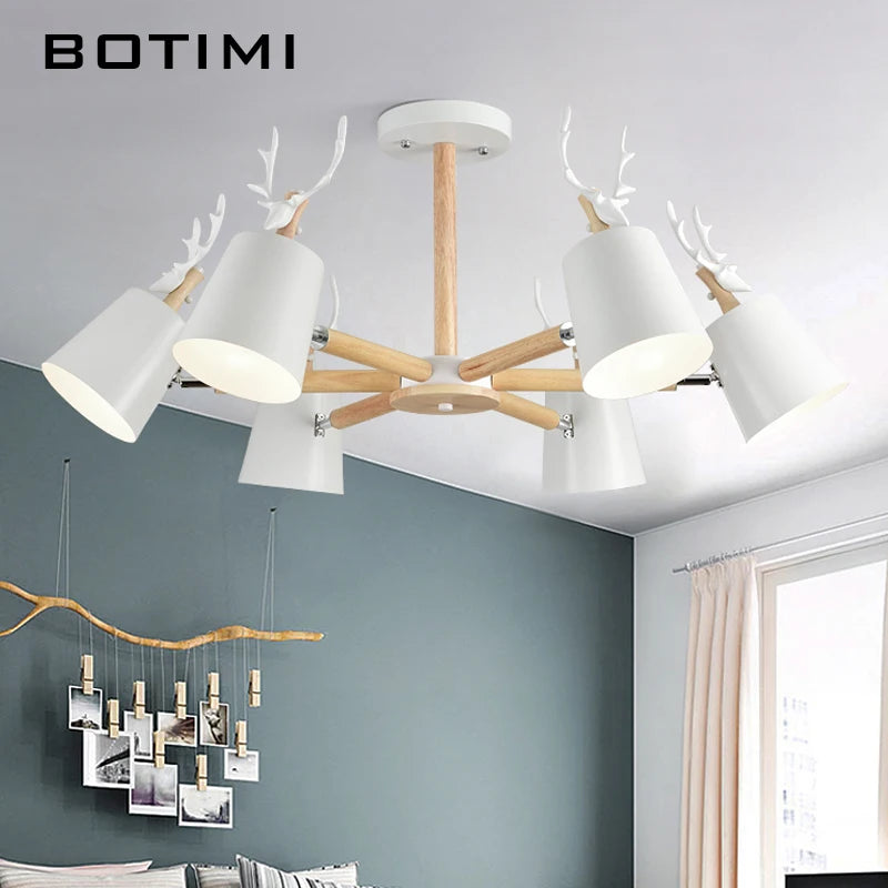 Lustre nordique en bois et ramures de cerf, abat-jour métal, E27