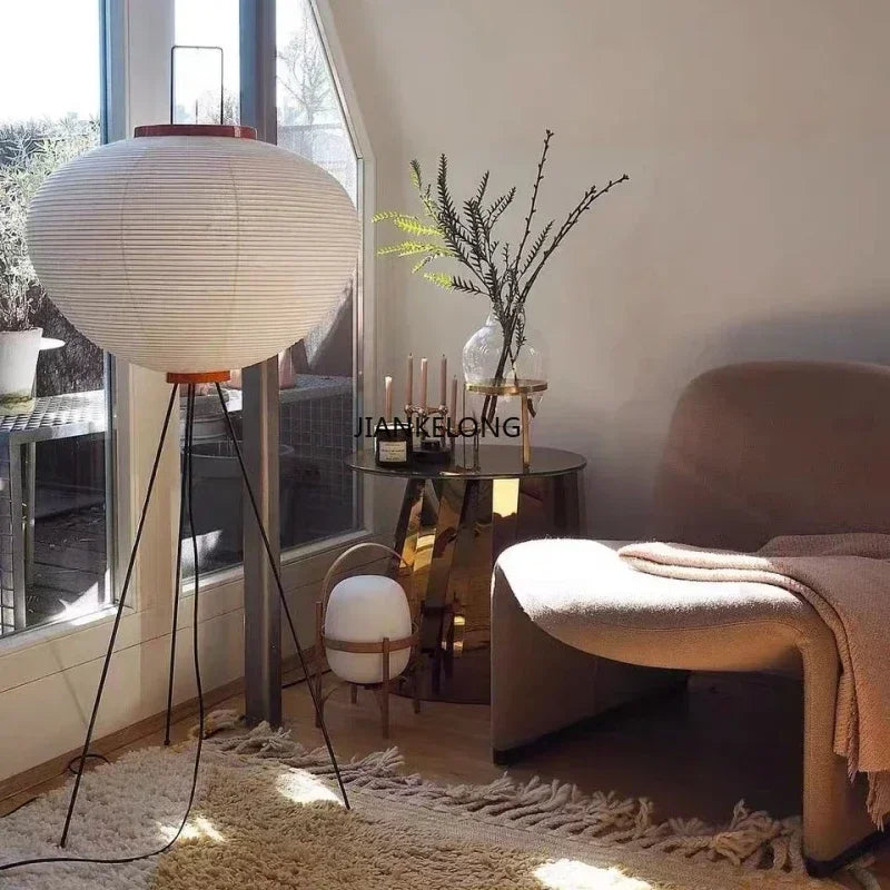 Lampadaire lanterne en papier de riz sur trépied noir, 120 cm