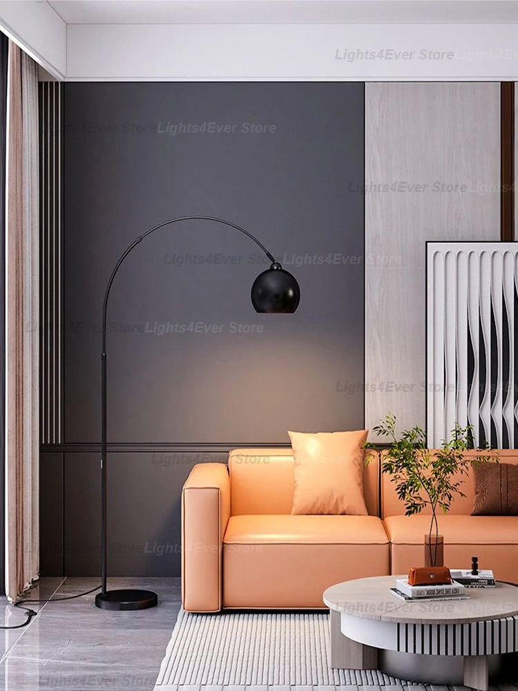 Lampadaire arc boule chromée, dorée ou noire, hauteur réglable