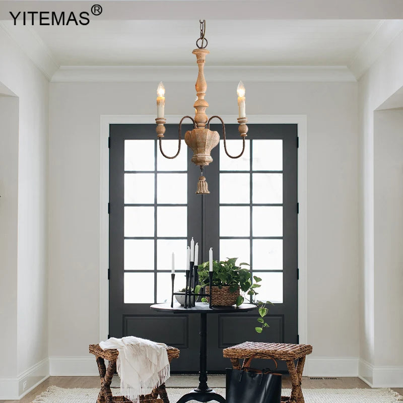 Lustre en bois tourné à 3 bras et chandelles, style rétro