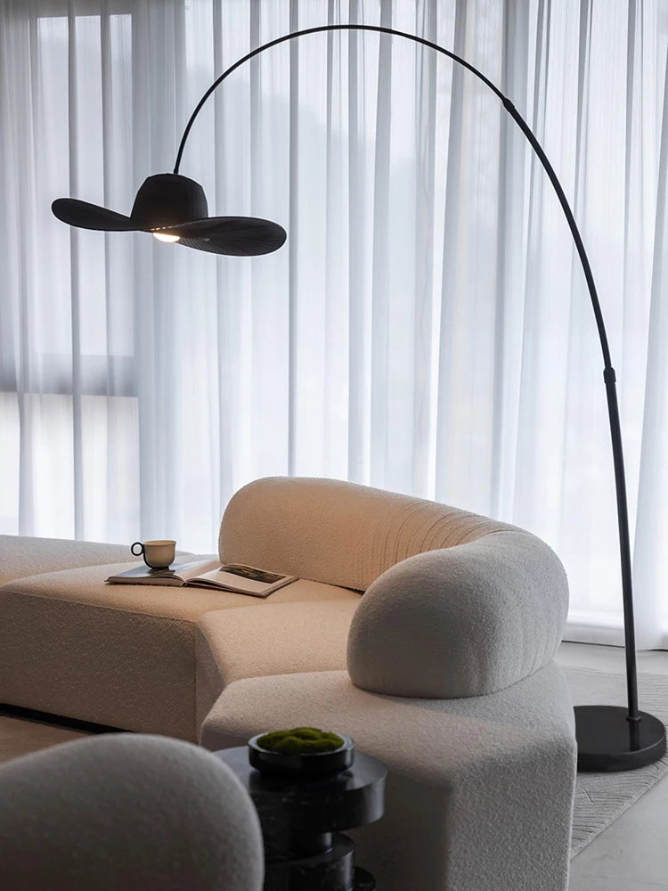 Lampadaire arc à abat-jour capeline en tissu noir, Ø 60 cm