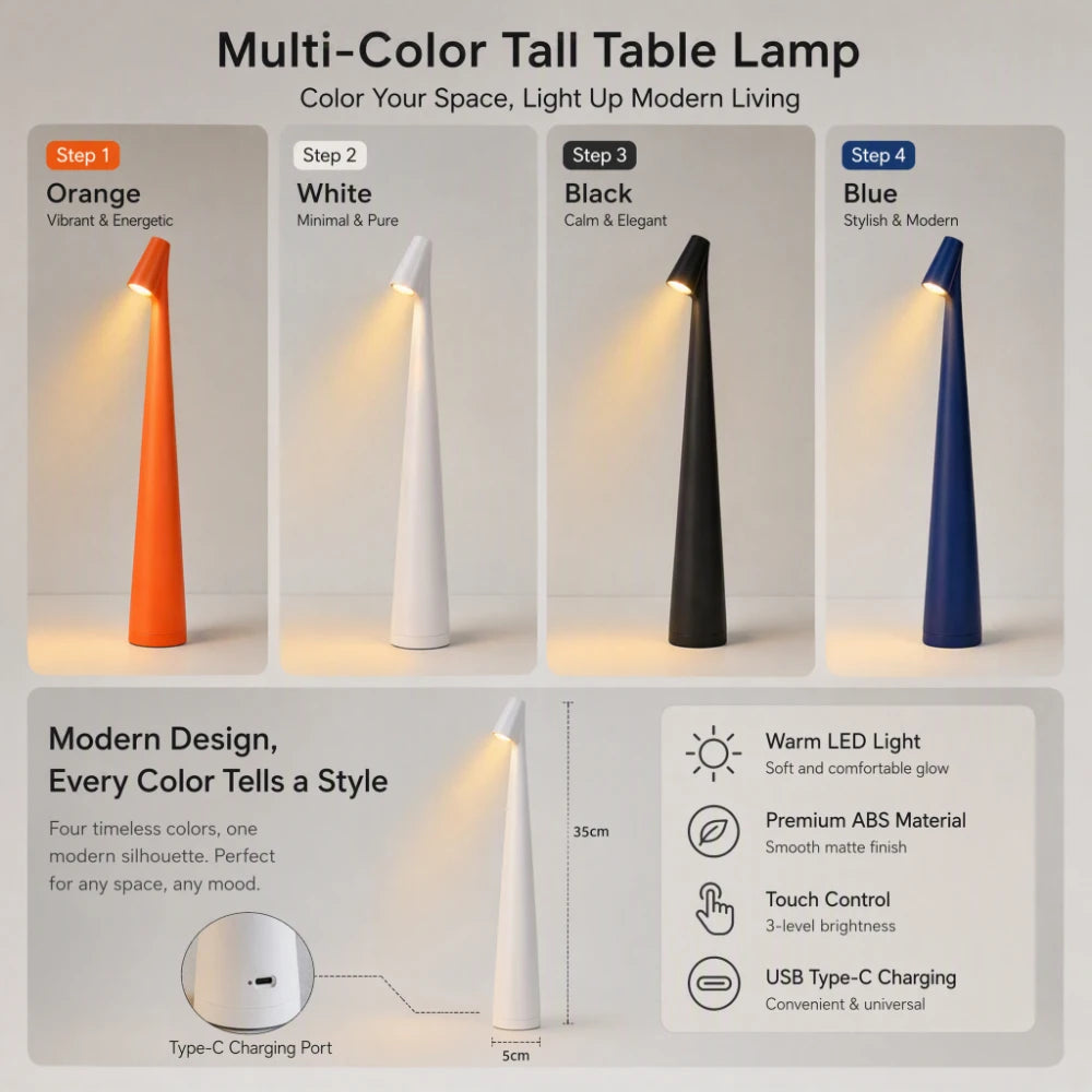 Lampe de table sans fil en cône élancé de 34,5 cm, lumière chaude