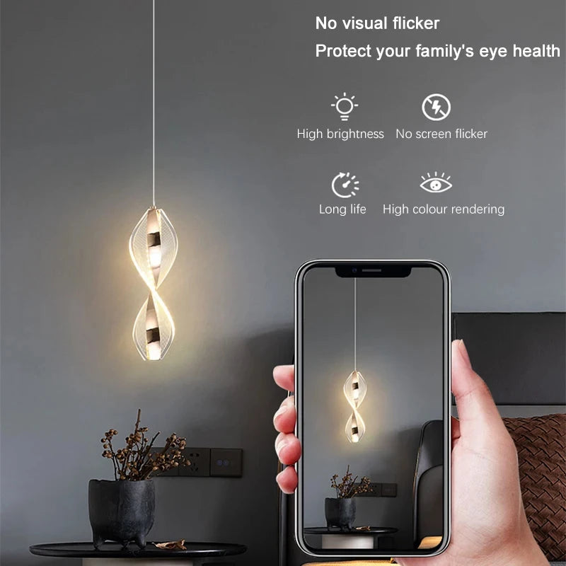 Suspension LED ruban acrylique torsadé 30 cm, une ou deux lumières