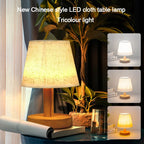 Lampe de chevet mini, abat-jour effet lin et pied en bois, 20 cm