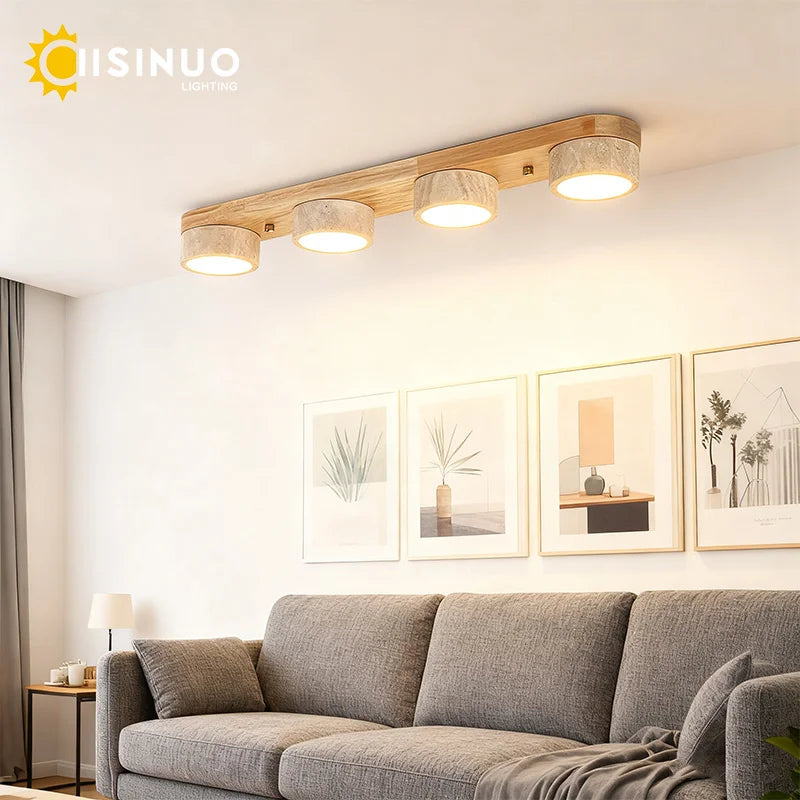 Plafonnier rampe de spots en travertin sur bois, 2 à 4 spots, LED