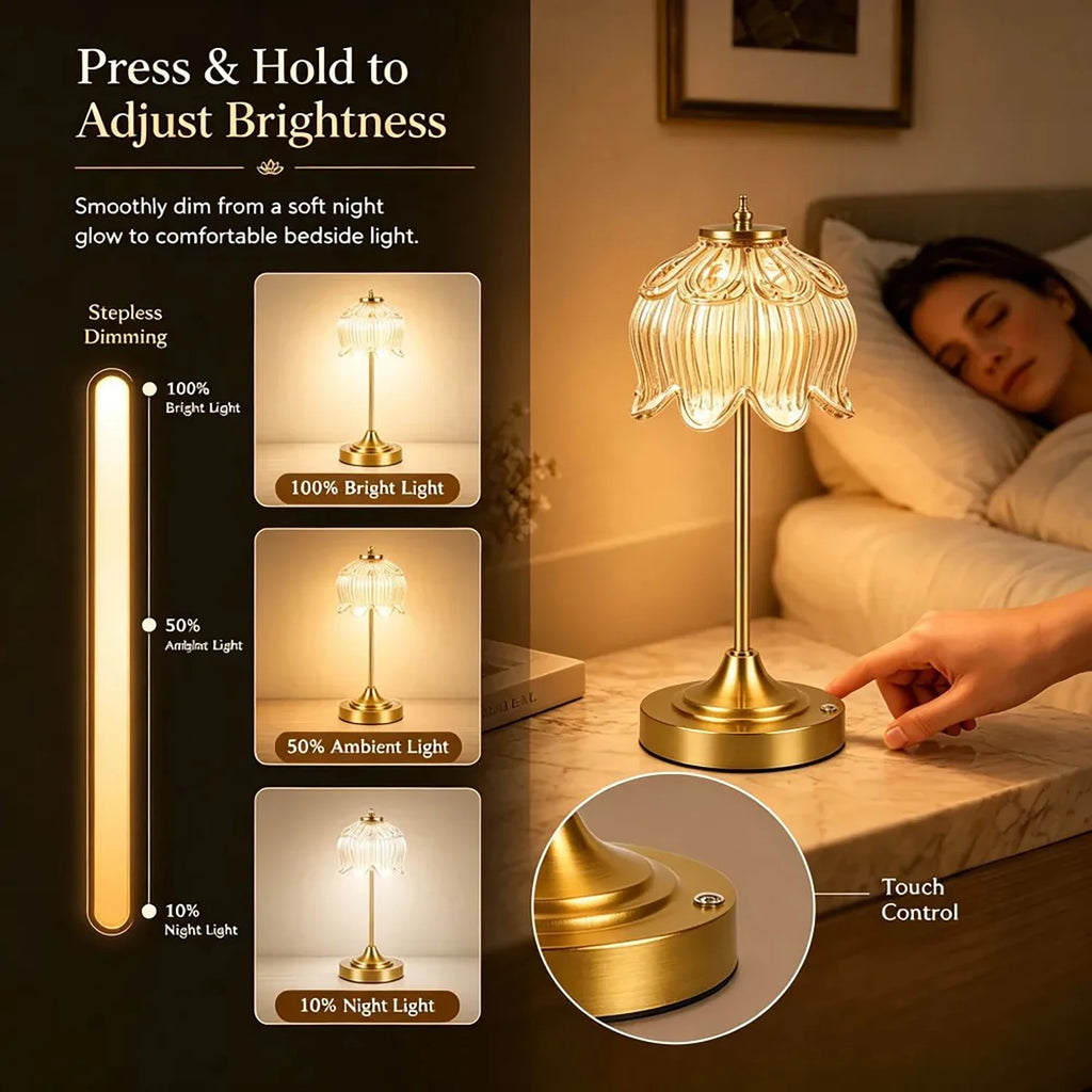 Lampe de table sans fil en verre ambré, tulipe ou lotus, pied doré