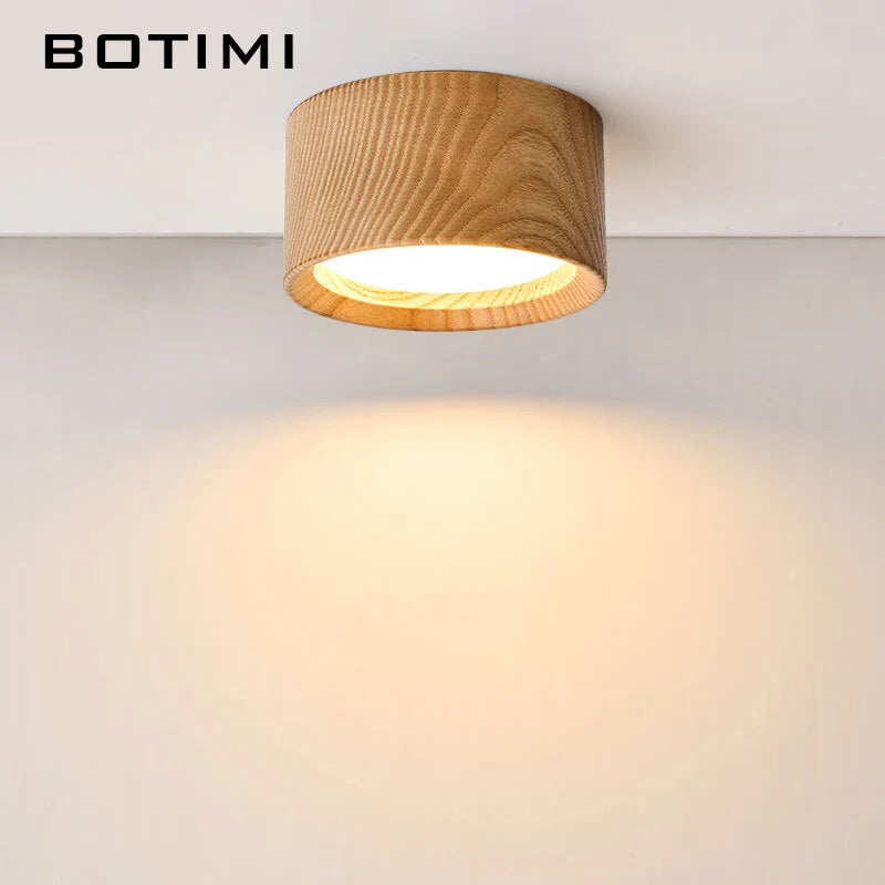 Petit plafonnier LED rond en bois, noir ou naturel, Ø 9,5 cm