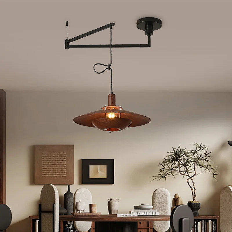 Suspension déportée soucoupe effet bois et bras noir, Ø 40 cm