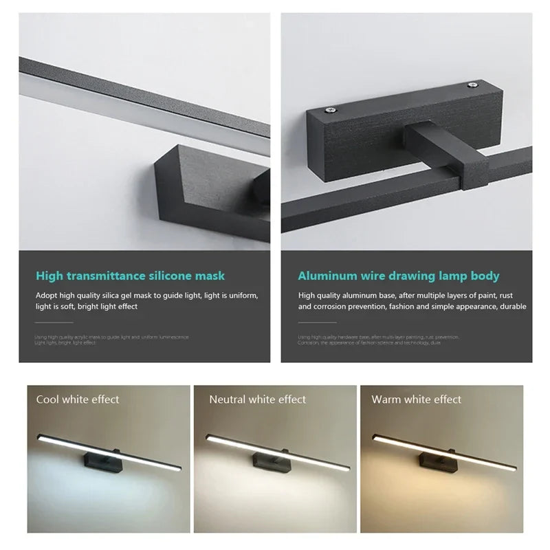Applique murale LED miroir à barre déportée, blanche, noire ou dorée