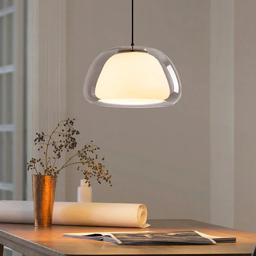 Suspension double verre opalin et cloche teintée, Ø 25 ou 40 cm