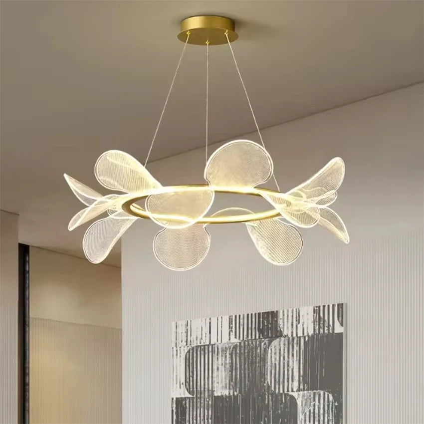 Lustre doré à pétales translucides et anneau LED