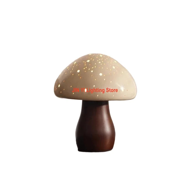 Lampe champignon en céramique ajourée et pied en bois, 23 cm
