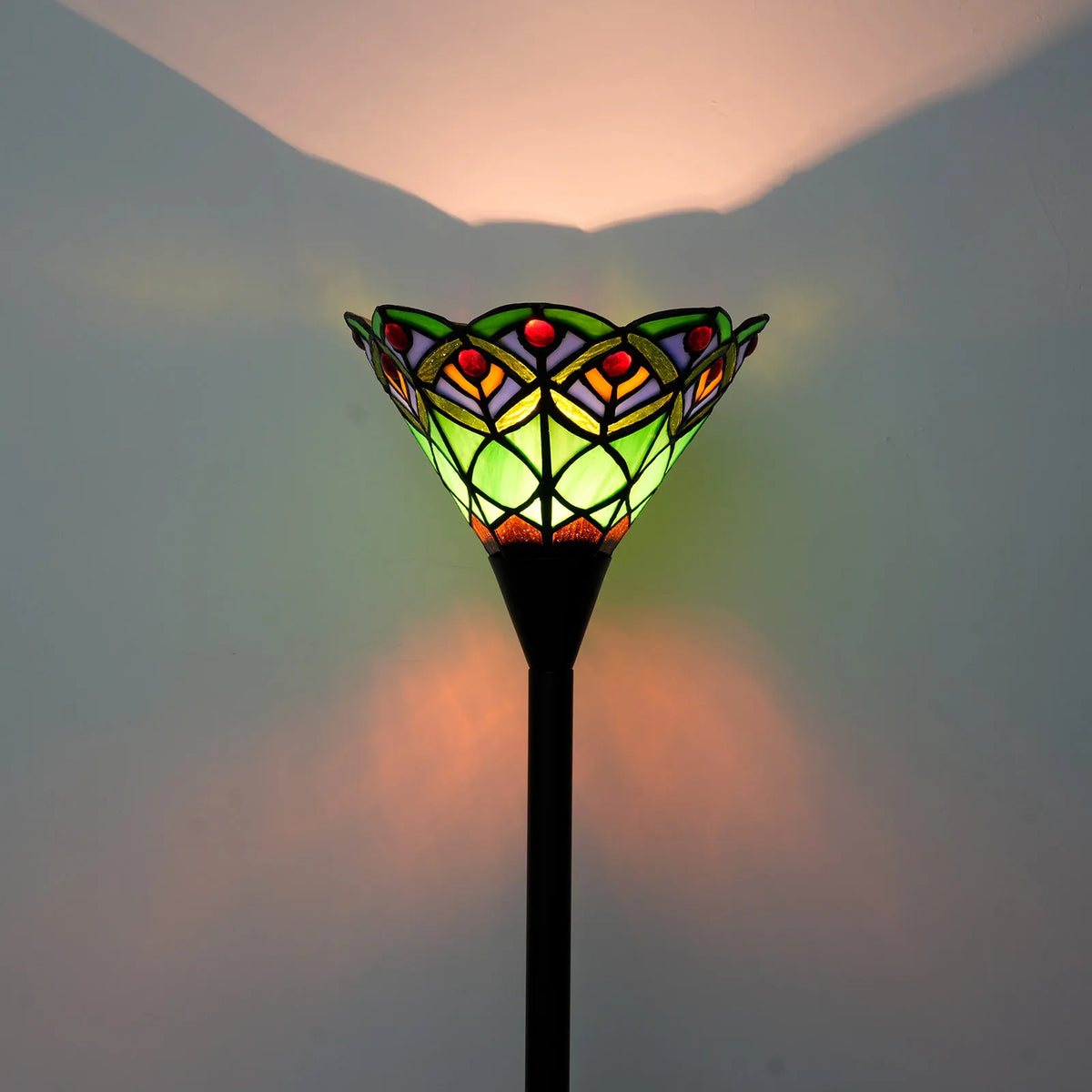 Lampadaire torchère en vitrail, vasque Ø 20 cm et pied noir 155 cm
