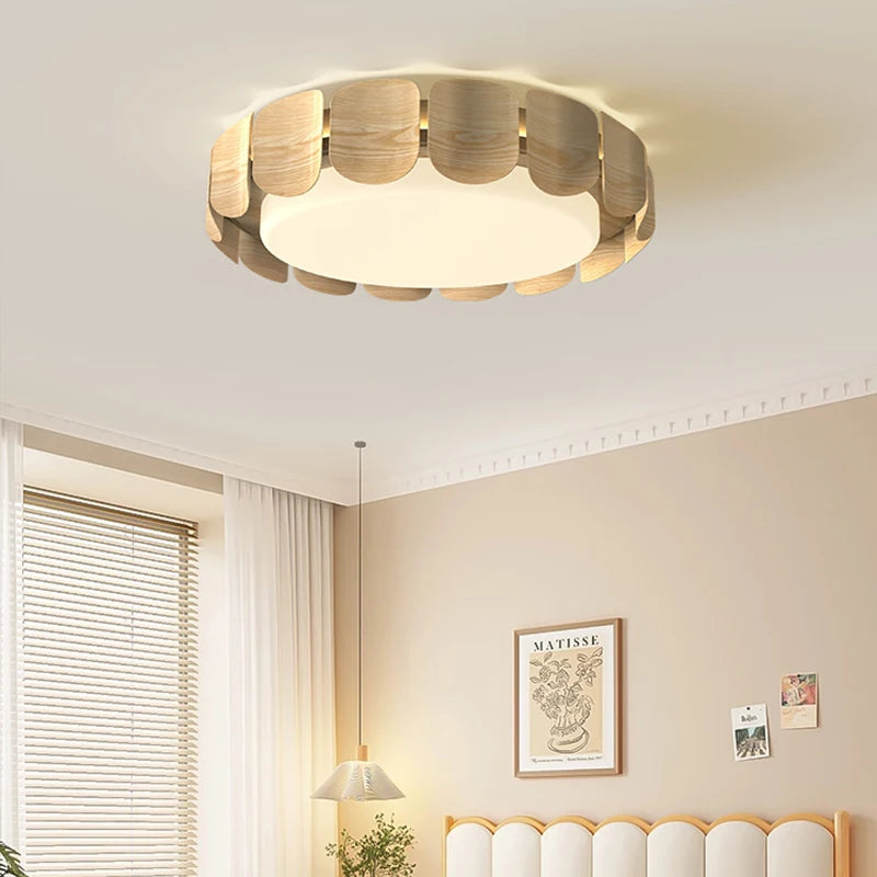 Plafonnier à pétales en bois ton noyer Ø 50 cm, LED trois teintes