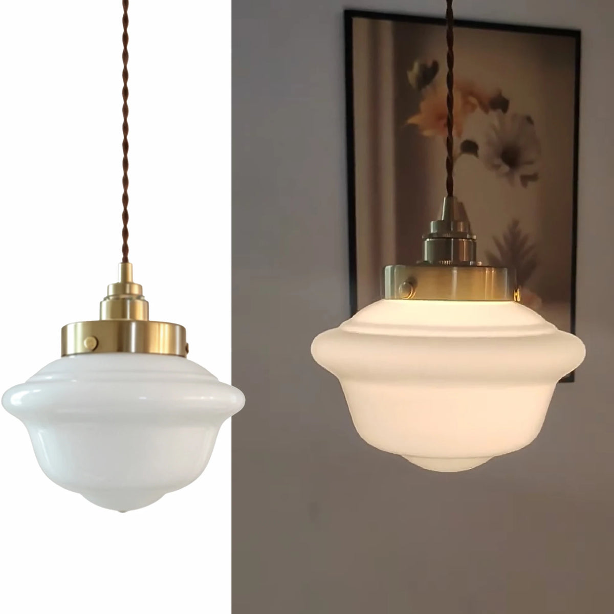 Plafonnier en verre opalin blanc sur tige dorée, style rétro
