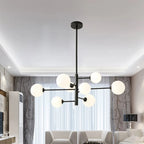 Lustre à globes opalins sur tige rigide, 6 ou 8 globes, noir ou doré